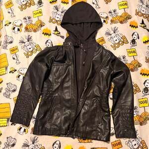 Black Faux Leather Jacket with Hood - Moto Biker Style